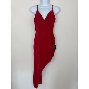 Lulus Red Asymmetrical Wrap Midi Dress Size Small NWT High Low Hem